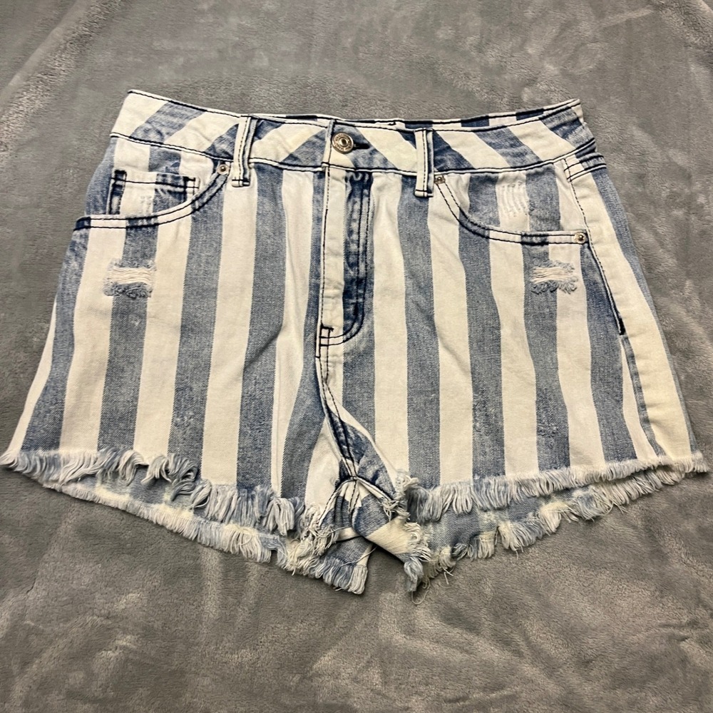 Rewash Striped Denim Shorts Frayed Hem Distressed Blue White 7 Festival y2k